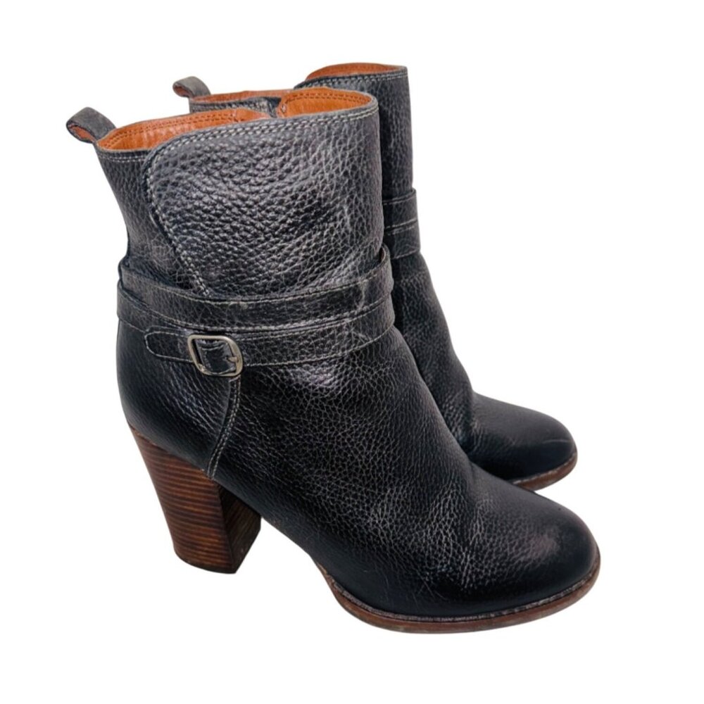 Lucky Brand LaTonya Leather Ankle Boots Black 8.5 Chunky Stacked Blocked Heel
